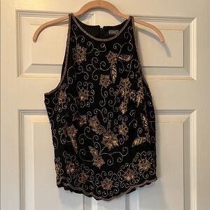 Adrianna Papell Black Top with Gold Embroidery